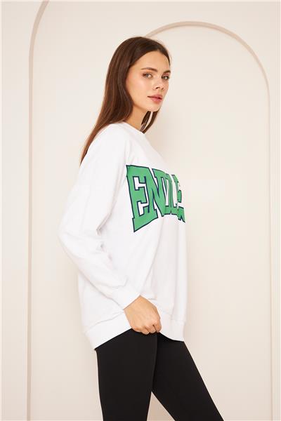 Oversize %100 Pamuklu Şardonlu Sweatshirt 22907B1 -Beyaz