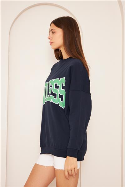 Oversize %100 Pamuklu Şardonlu Sweatshirt 22907B2 -Lacivert