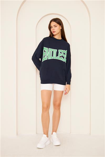 Oversize %100 Pamuklu Şardonlu Sweatshirt 22907B4 -Lacivert