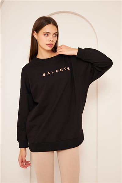 Oversize %100 Pamuklu Şardonlu Sweatshirt 22907B3 -Siyah