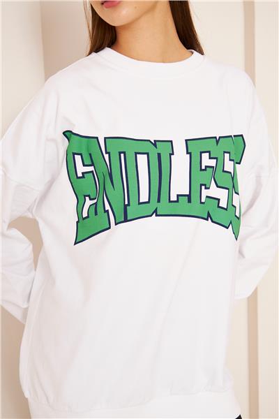 Oversize %100 Pamuklu Şardonlu Sweatshirt 22907B4 -Beyaz