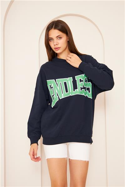 Oversize %100 Pamuklu Şardonlu Sweatshirt 22907B3 -Lacivert