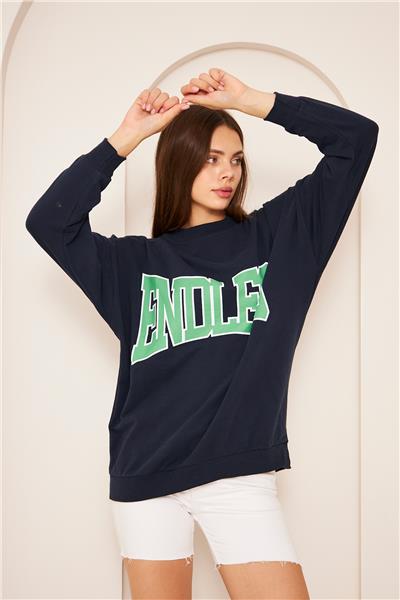 Oversize %100 Pamuklu Şardonlu Sweatshirt 22907B4 -Lacivert