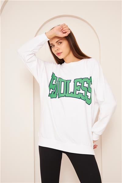 Oversize %100 Pamuklu Şardonlu Sweatshirt 22907B2 -Beyaz