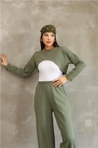 Uzun Kollu Crop Bluzlu Alt Üst Takım 3Lü Eşofman Takımı 25532
