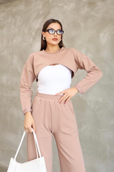 UZUN KOLLU CROP BLUZLU ALT ÜST TAKIM 3LÜ EŞOFMAN TAKIMI 25532