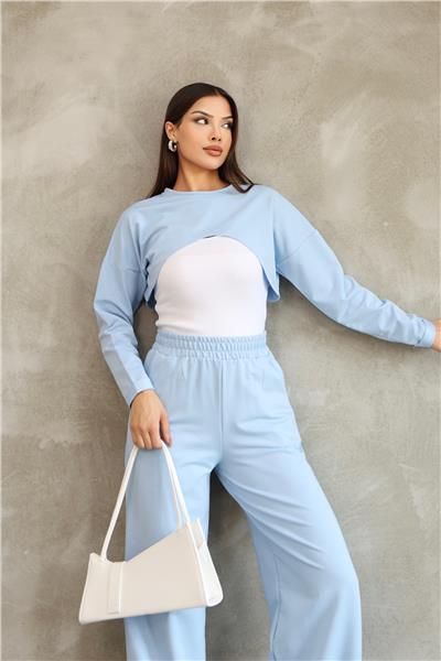 Uzun Kollu Crop Bluzlu Alt Üst Takım 3Lü Eşofman Takımı 25532
