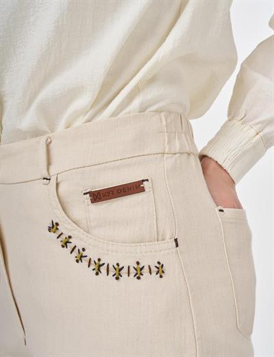 Kayra KY-B25-79044 Kadın Denim Kot Cep Detaylı Krem Pantolon
