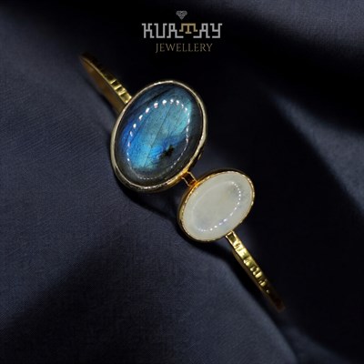 LABRORİT ve QUARTZ  22K ALTIN KAPLAMA 925 AYAR GÜMÜŞ BİLEKLİK