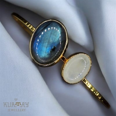 LABRORİT ve QUARTZ  22K ALTIN KAPLAMA 925 AYAR GÜMÜŞ BİLEKLİK