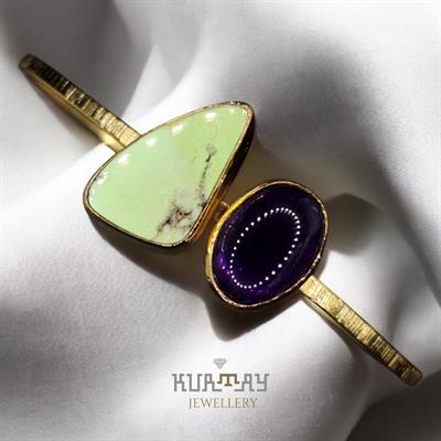 AMETHYST and LEMON CHRYSOPRASE GEMSTONE 22K GOLD-PLATED 925 STERLING SILVER BRACELET