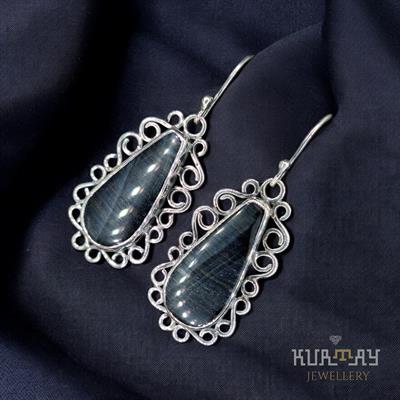 BLUE TIGER EYE GEMSTONE 925 STERLING SILVER EARRINGS