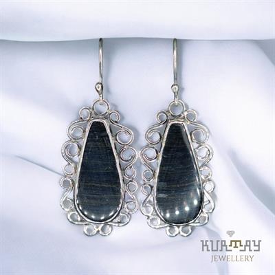 BLUE TIGER EYE GEMSTONE 925 STERLING SILVER EARRINGS
