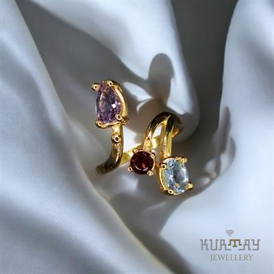 AMETHYST, GARNET and BLUE TOPAZ GEMSTONE 22K GOLD-PLATED 925 STERLING SILVER RING