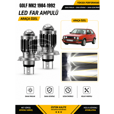 Golf MK2 1984-1992 H4 LED Far Ampulü Beyaz Işık Canbus Mini Lensli 2'li Set