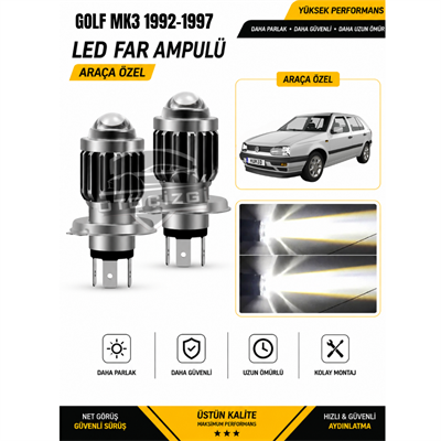 Golf MK3 1992-1997 H4 LED Far Ampulü Beyaz Işık Canbus Mini Lensli 2'li Set