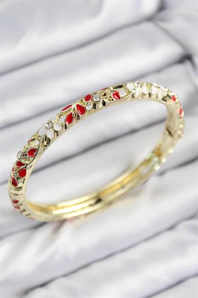 Celira Mineli Celira Pirinç Zirkon Taşlı Kırmızı Çiçek Motifli Gold Kadın Kelepçe 00100