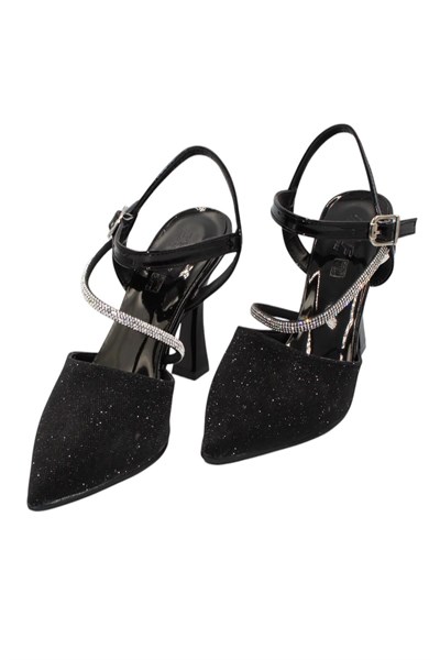 Celira Siyah Taşlı Simli Klasik Topuk Kadın Ayakkabı