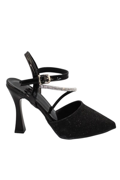 Celira Siyah Taşlı Simli Klasik Topuk Kadın Ayakkabı