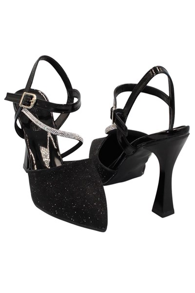 Celira Siyah Taşlı Simli Klasik Topuk Kadın Ayakkabı