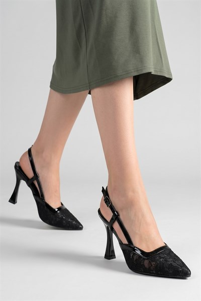 Celira Siyah Tüllü Klasik Topuk Kadın Ayakkabı