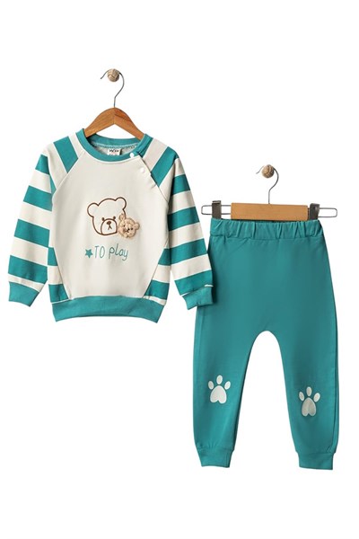 Celira Wwc Yeşil Ayıcık Nakışlı Çizgili Erkek Bebek Takım
