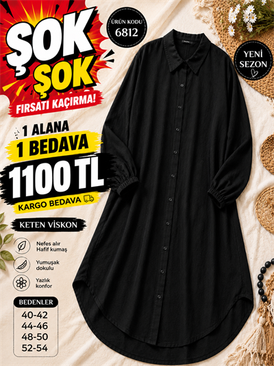 1 ALANA 1 BEDAVA 1100 TL KARGO BEDAVA KETEN VİSKON KUMAŞ BOYDAN DÜĞMELİ TUNİK  SİYAH