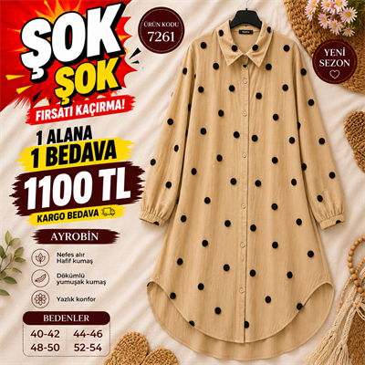 1 ALANA 1 BEDAVA 1100 TL KARGO BEDAVA AYROBİN KUMAŞ GÖMLEK TUNİK SÜTLÜ KAHVE 