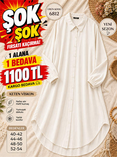 1 ALANA 1 BEDAVA 1100 TL KARGO BEDAVA KETEN VİSKON KUMAŞ BOYDAN DÜĞMELİ TUNİK  KIRIK BEYAZ