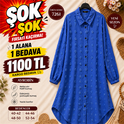 1 ALANA 1 BEDAVA 1100 TL KARGO BEDAVA AYROBİN KUMAŞ GÖMLEK TUNİK MAVİ 