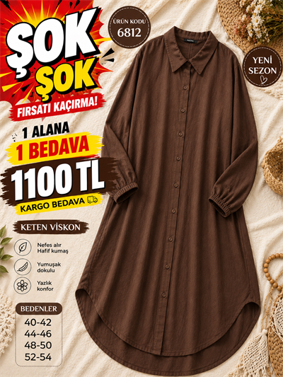 1 ALANA 1 BEDAVA 1100 TL KARGO BEDAVA KETEN VİSKON KUMAŞ BOYDAN DÜĞMELİ TUNİK  KAHVERENGİ 