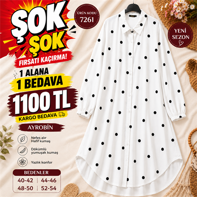 1 ALANA 1 BEDAVA 1100 TL KARGO BEDAVA AYROBİN KUMAŞ GÖMLEK TUNİK BEYAZ 