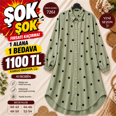 1 ALANA 1 BEDAVA 1100 TL KARGO BEDAVA AYROBİN KUMAŞ GÖMLEK TUNİK YEŞİL 