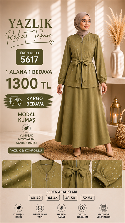 1 ALANA 1 BEDAVA 1300 TL KARGO BEDAVA TAŞ BASKILI MODAL KUMAŞ TAKIM YEŞİL 