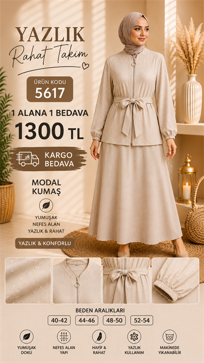 1 ALANA 1 BEDAVA 1300 TL KARGO BEDAVA TAŞ BASKILI MODAL KUMAŞ TAKIM BEJ 