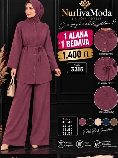 1 ALANA 1 BEDAVA  1400 TL KARGO BEDAVA BOYDAN DÜĞMELİ PANTOLONLU TAKIM  MÜRDÜM 