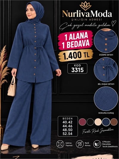 1 ALANA 1 BEDAVA  1400 TL KARGO BEDAVA BOYDAN DÜĞMELİ PANTOLONLU TAKIM  MAVİ 