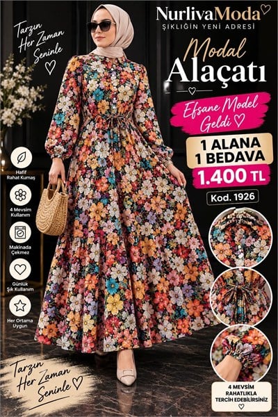 1 ALANA 1 BEDAVA 1400 TL KARGO BEDAVA  ALAÇATI ÇİÇEK DESENLİ BELDEN BAĞLAMALI ELBİSE TURUNCU 