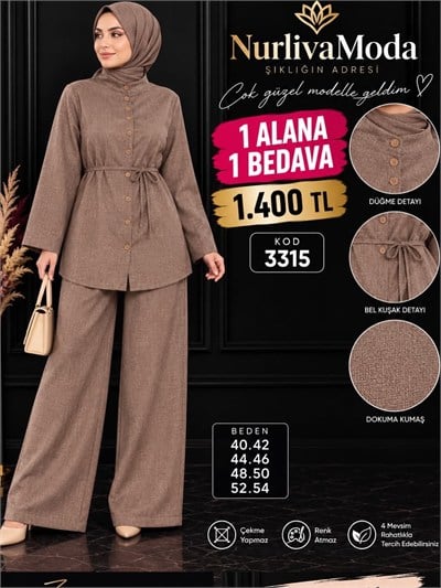 1 ALANA 1 BEDAVA  1400 TL KARGO BEDAVA BOYDAN DÜĞMELİ PANTOLONLU TAKIM   SÜTLÜ KAHVE 