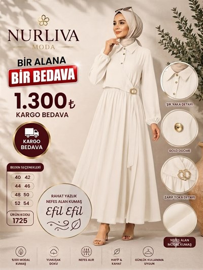 1725 MODAL KUMSAŞ BROŞ DETAYLI YANDAN BAĞLAMALI YENİ SEZON ELBİSE BEYAZ 