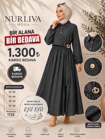 1725 MODAL KUMSAŞ BROŞ DETAYLI YANDAN BAĞLAMALI YENİ SEZON ELBİSE FÜME