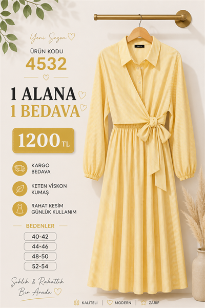 4532  YANDAN BAĞLAMALI YARIYA KADAR DÜZĞMELİ İNCE ÇİZGİLİ ELBİSE  SARI