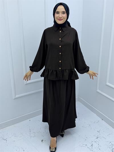8581  SELİN SOFYA KETEN ETEKLİ  TAKIM  KAHVERENGİ 