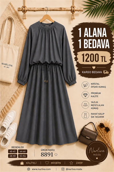 8891 İthal Kristal Penye Kumaş Nur Etekli Takım füme 
