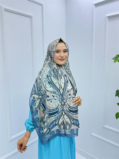 9015 Çiçek Desenli İpek Şal Turkuaz