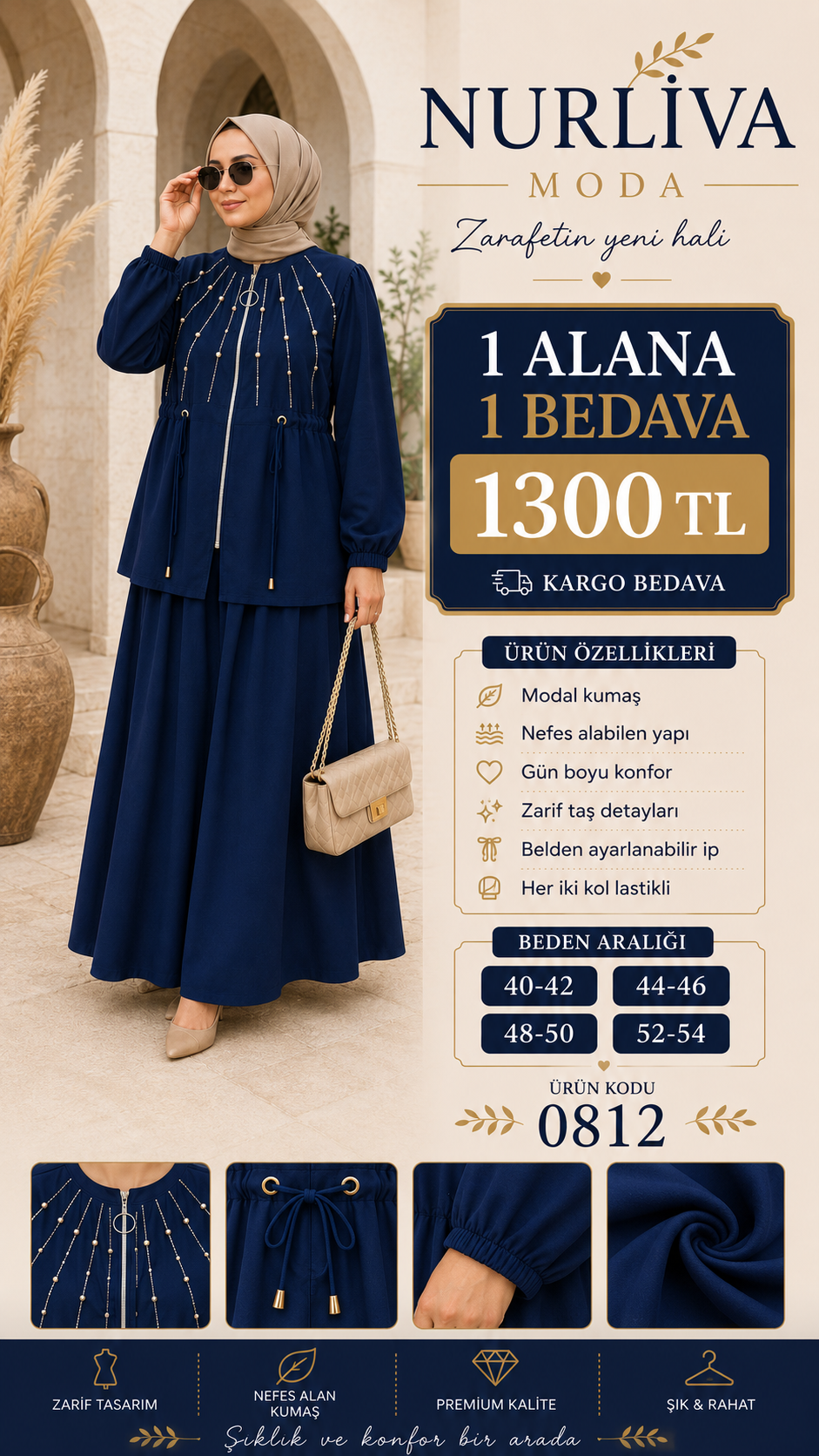 1 ALANA 1 BEDAVA 1300 TL KARGO BEDAVA TAŞ İŞLEMELİ MODAL KUMAŞ
