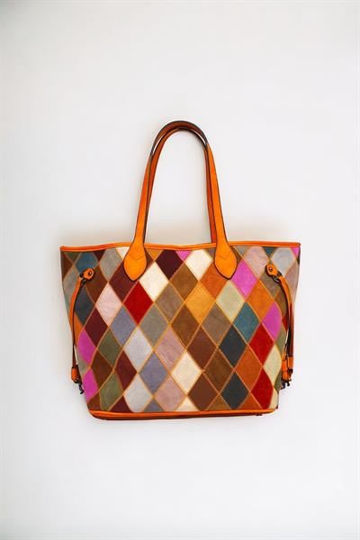 Hakiki Süet Deri Çok Renkli Baklava Desen Kadın Omuz Çantası YC012062HSD