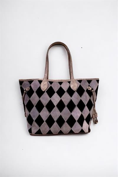 Hakiki Süet Deri Çok Renkli Baklava Desen Kadın Omuz Çantası YC012062HSD