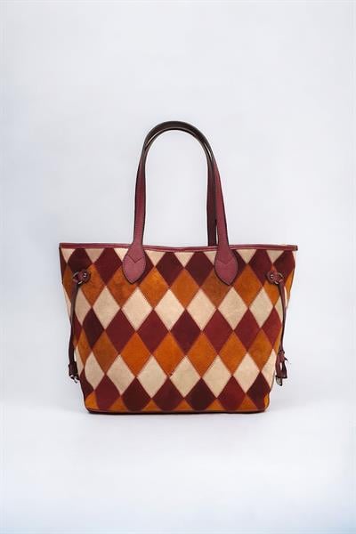 Hakiki Süet Deri Çok Renkli Baklava Desen Kadın Omuz Çantası YC012062HSD