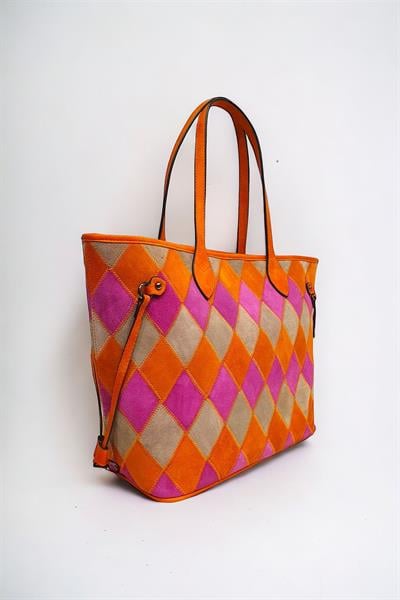 Hakiki Süet Deri Çok Renkli Baklava Desen Kadın Omuz Çantası YC012062HSD